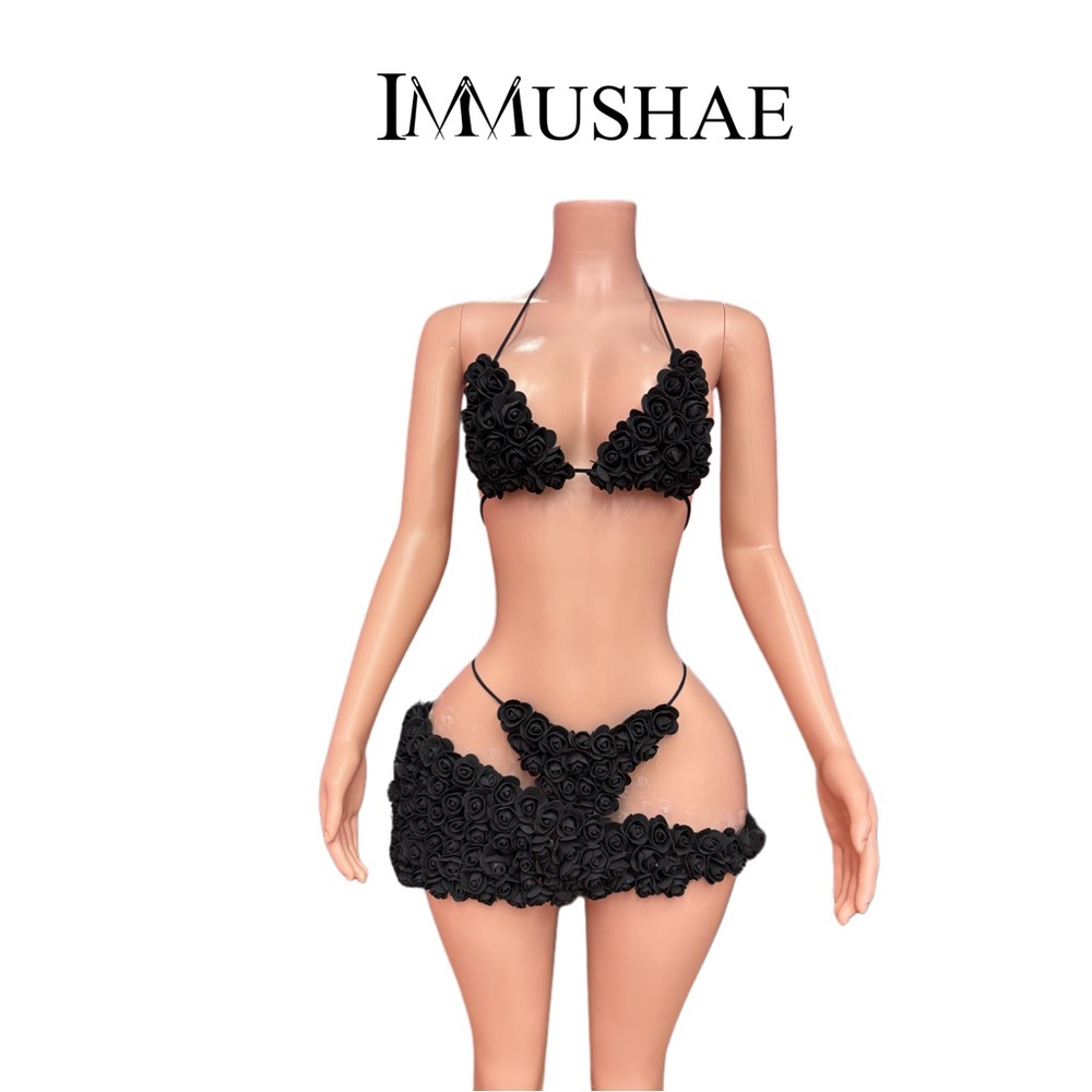 Black Exotic Rose Floral Bikini Set